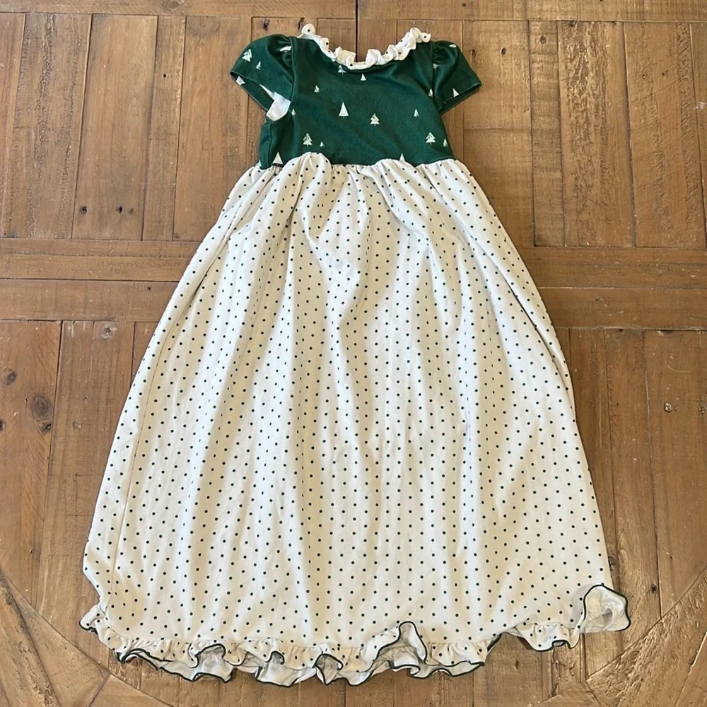 SweetHoney Christmas tree and polka dot ruffled long nightgown pajamas